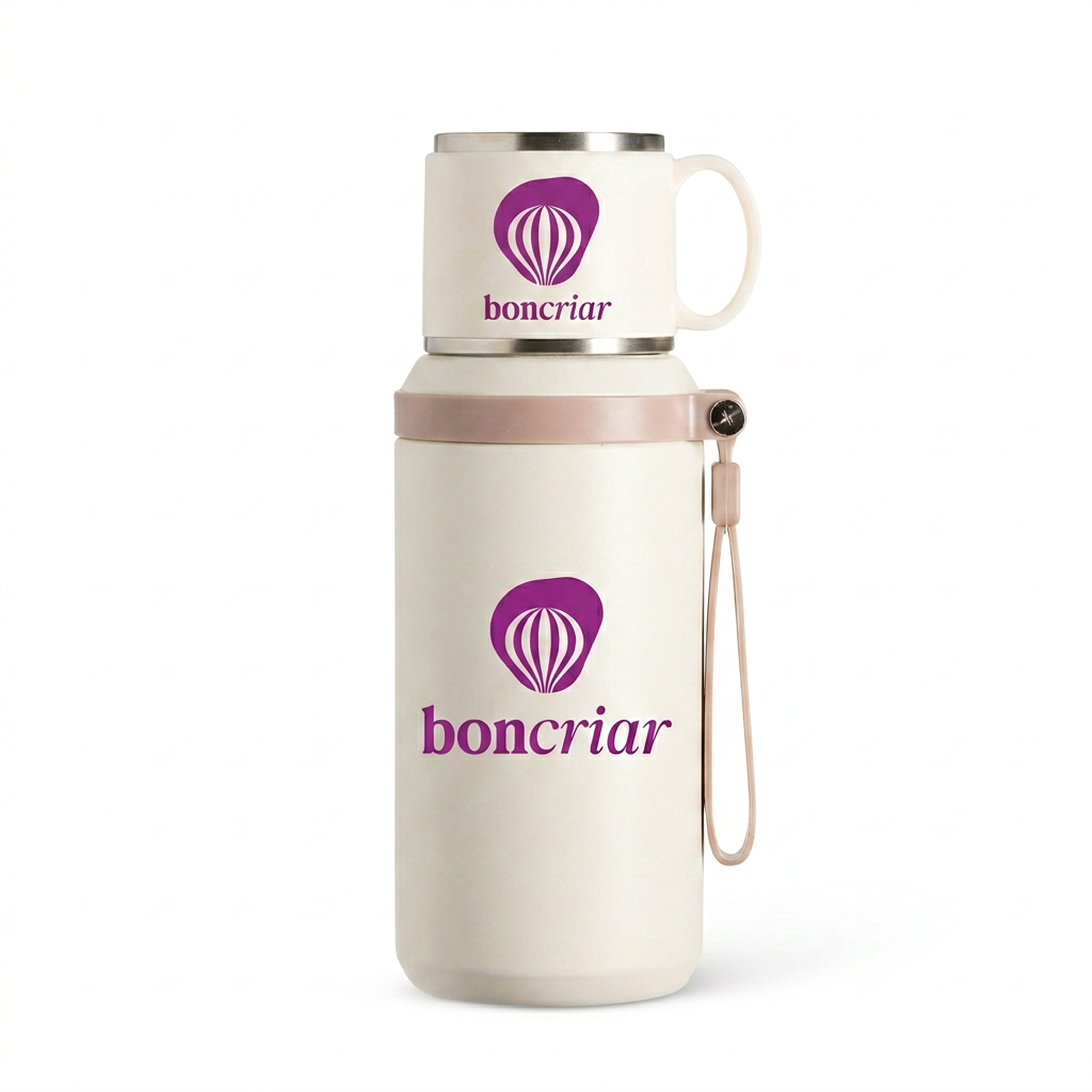 Garrafa bege com caneca e alça