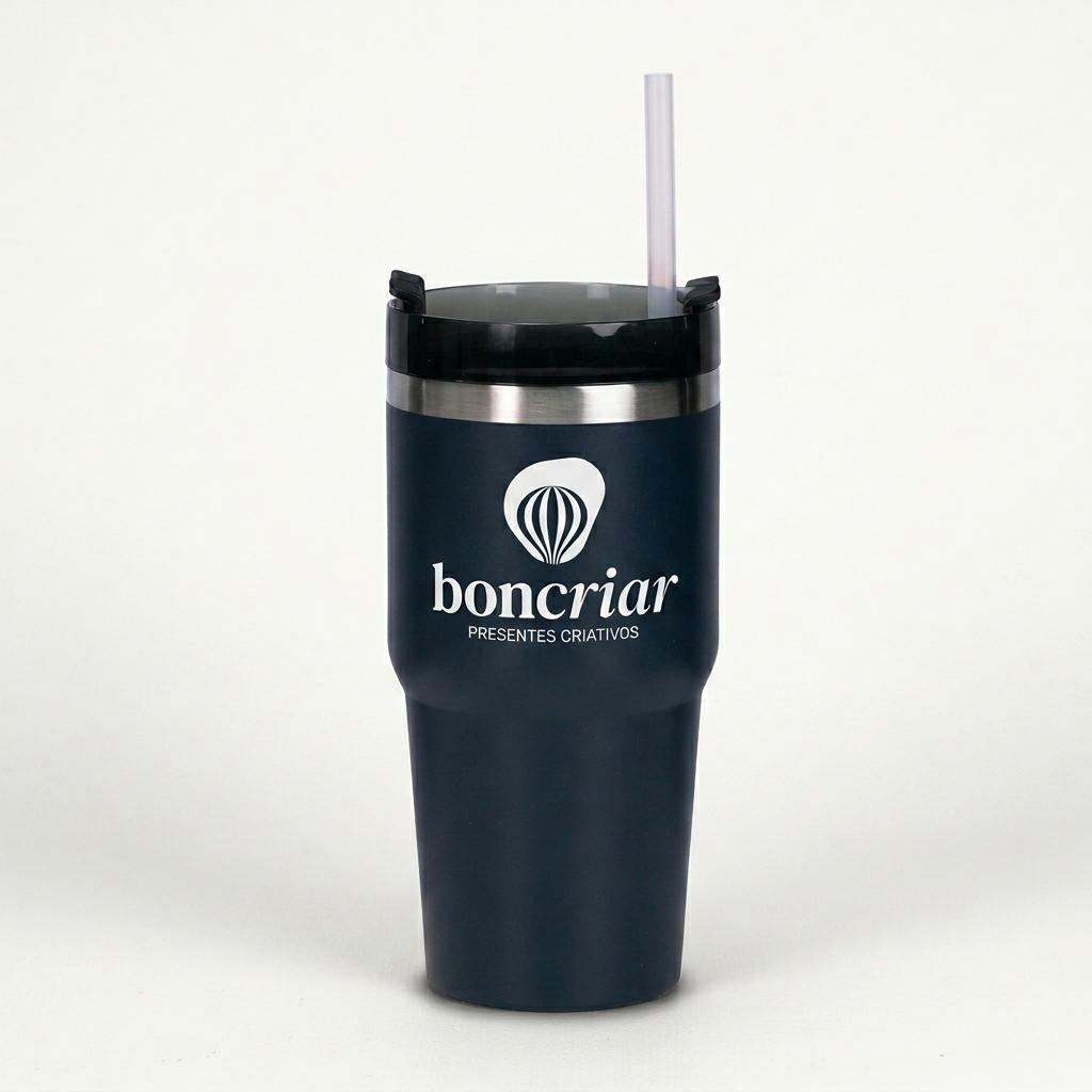 Tumbler azul marinho com canudo